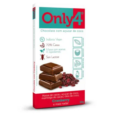 Chocolate 70% Cacau Cranberry com Açúcar de Coco 70g - Only4