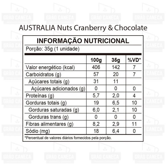 Barra de Nuts Zero Açúcar Cranberry e Chocolate 70% Cacau 35g Australia TN